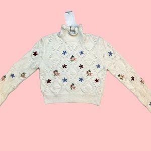 Zara Floral Knit Mock Neck Sweater